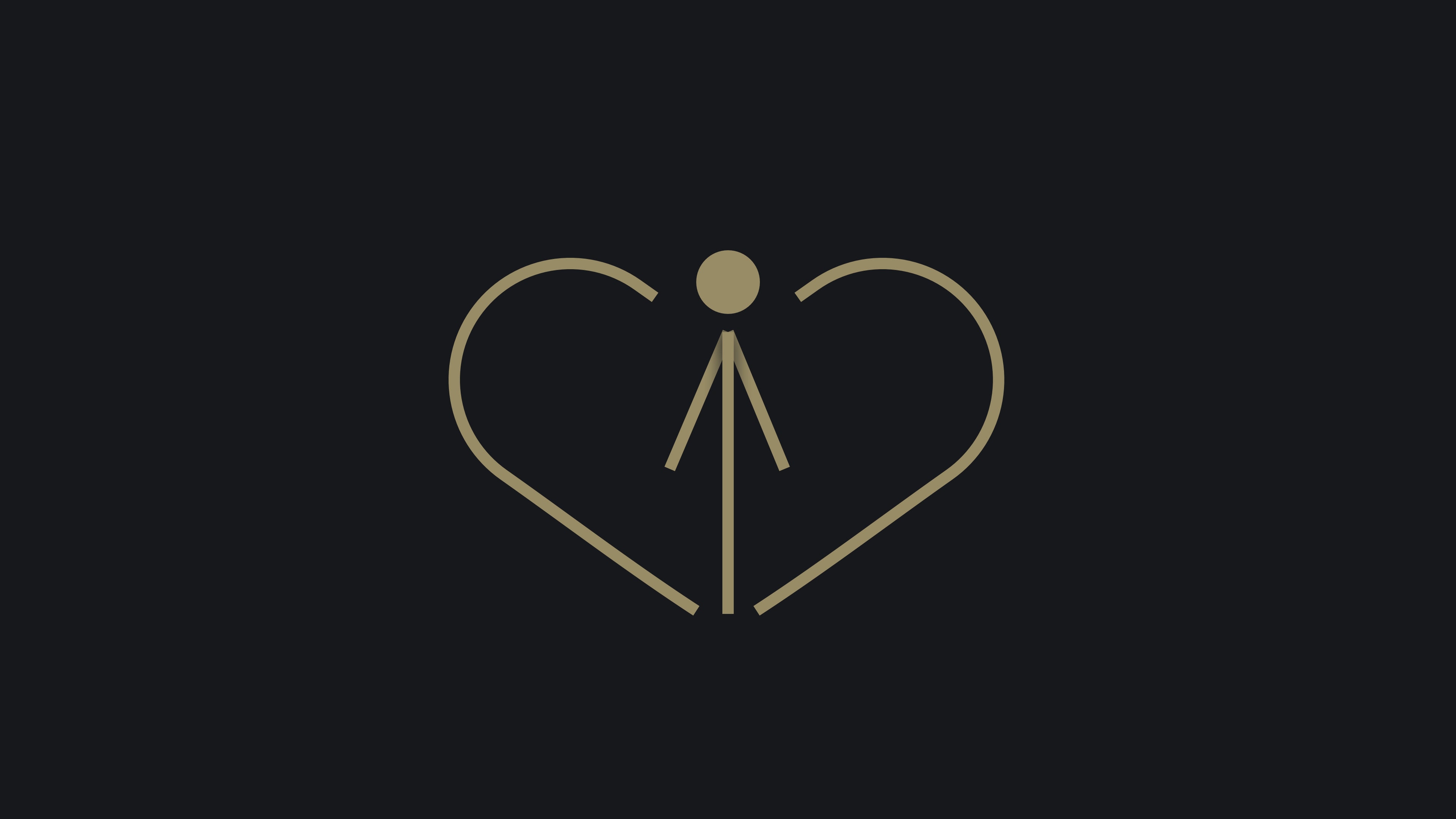 A minimalist gold line drawing on a dark background shows a heart shape merging with a simple human figure at its center, formed by a circle for the head and straight lines for the body, arms, and legs.