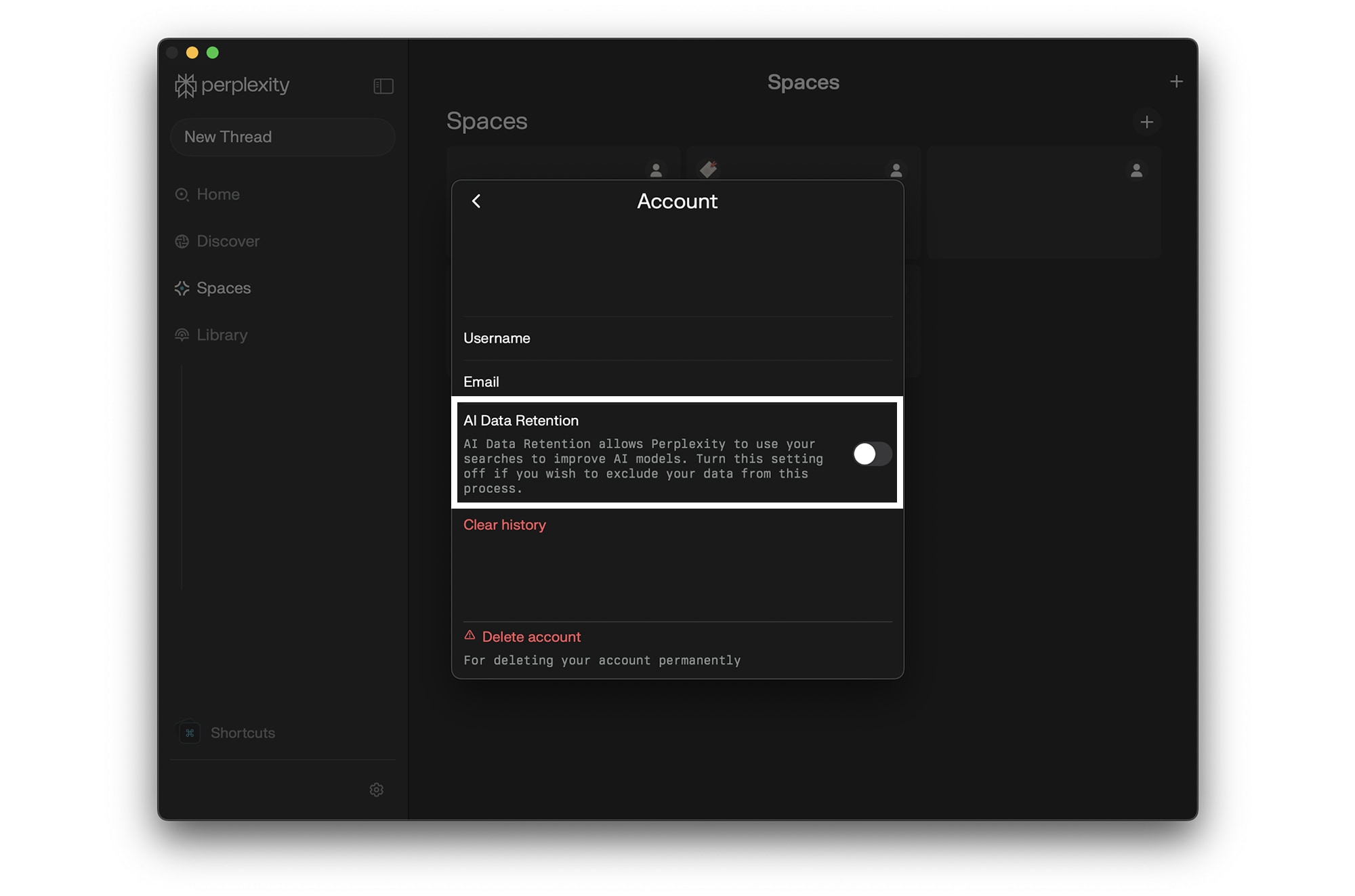 A dark-themed account settings window shows the AI Data Retention option with a toggle switch and description, plus buttons to clear history or delete the account. The side menu includes options like New Thread, Discover, and Spaces.
