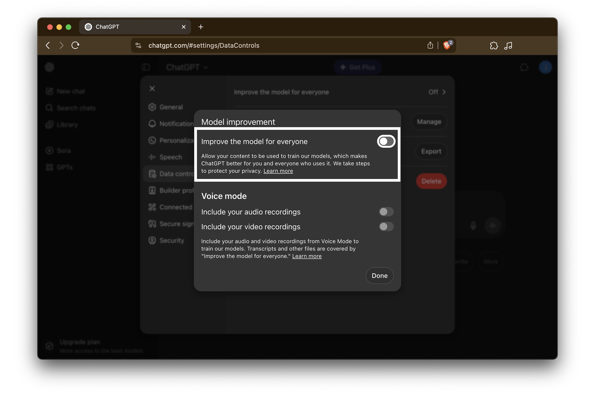 A screenshot of ChatGPT’s Data Controls settings. The “Model improvement” option is highlighted, showing a toggle switch for allowing conversations to be used to help train models. The option is currently turned off.