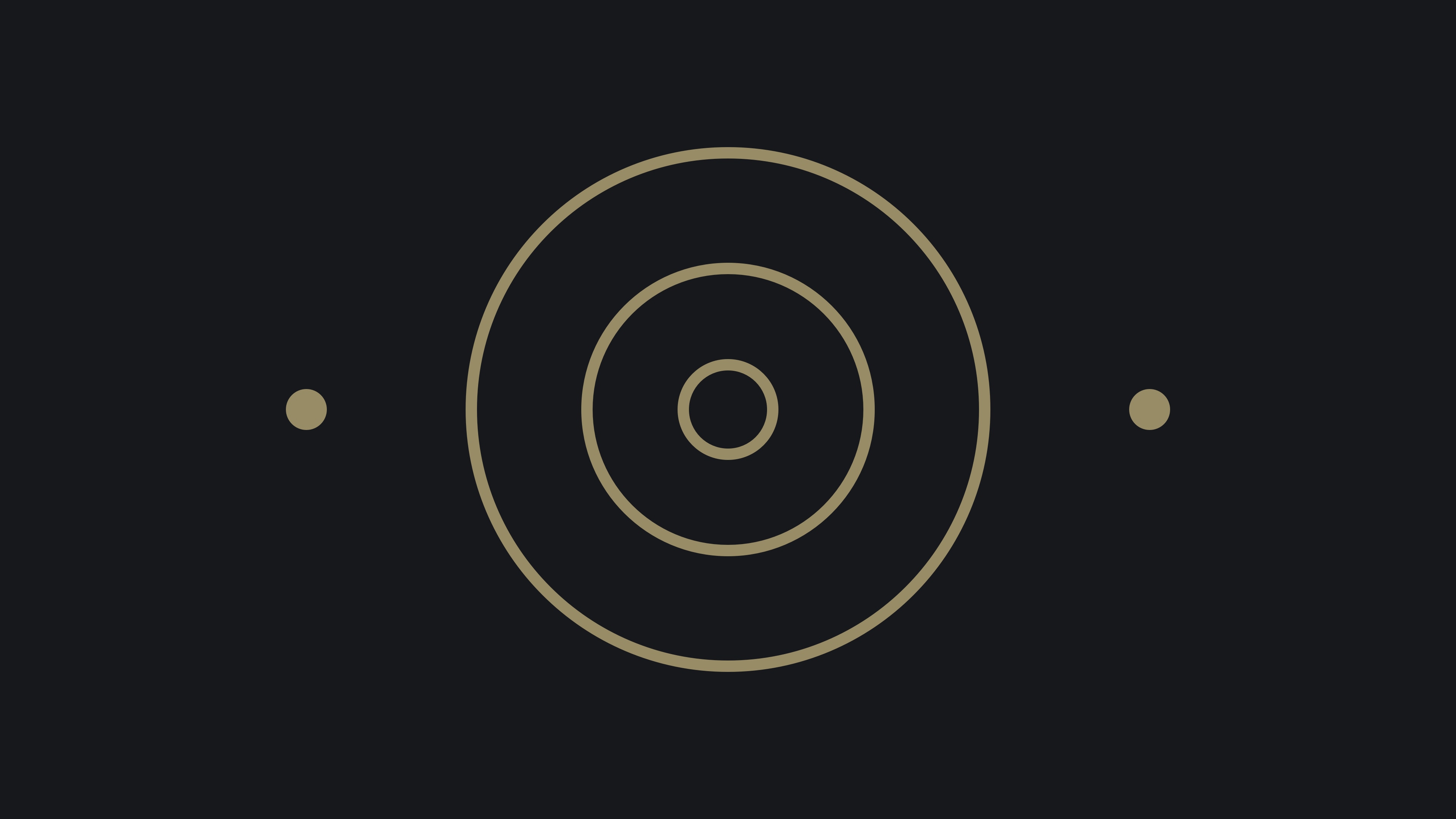A dark background with three concentric beige circles in the center and one small beige dot on each side of the circles, aligned horizontally.
